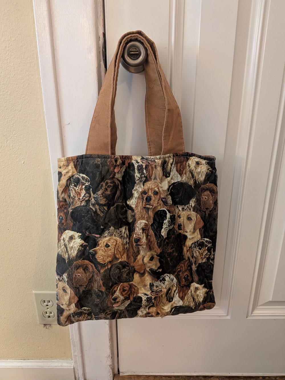 Cotton Dog Print Tote Bag in Brown